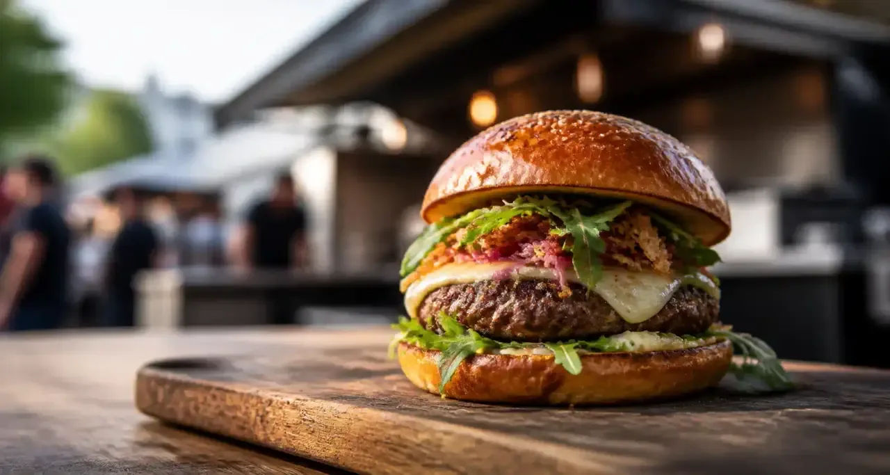 Burger artisanal de street food parisien servi sur une planche en bois