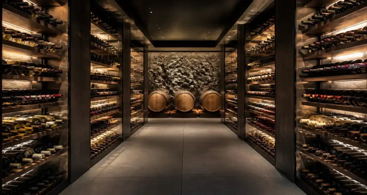 Cave a vins contemporaine avec bouteilles et tonneaux de chene