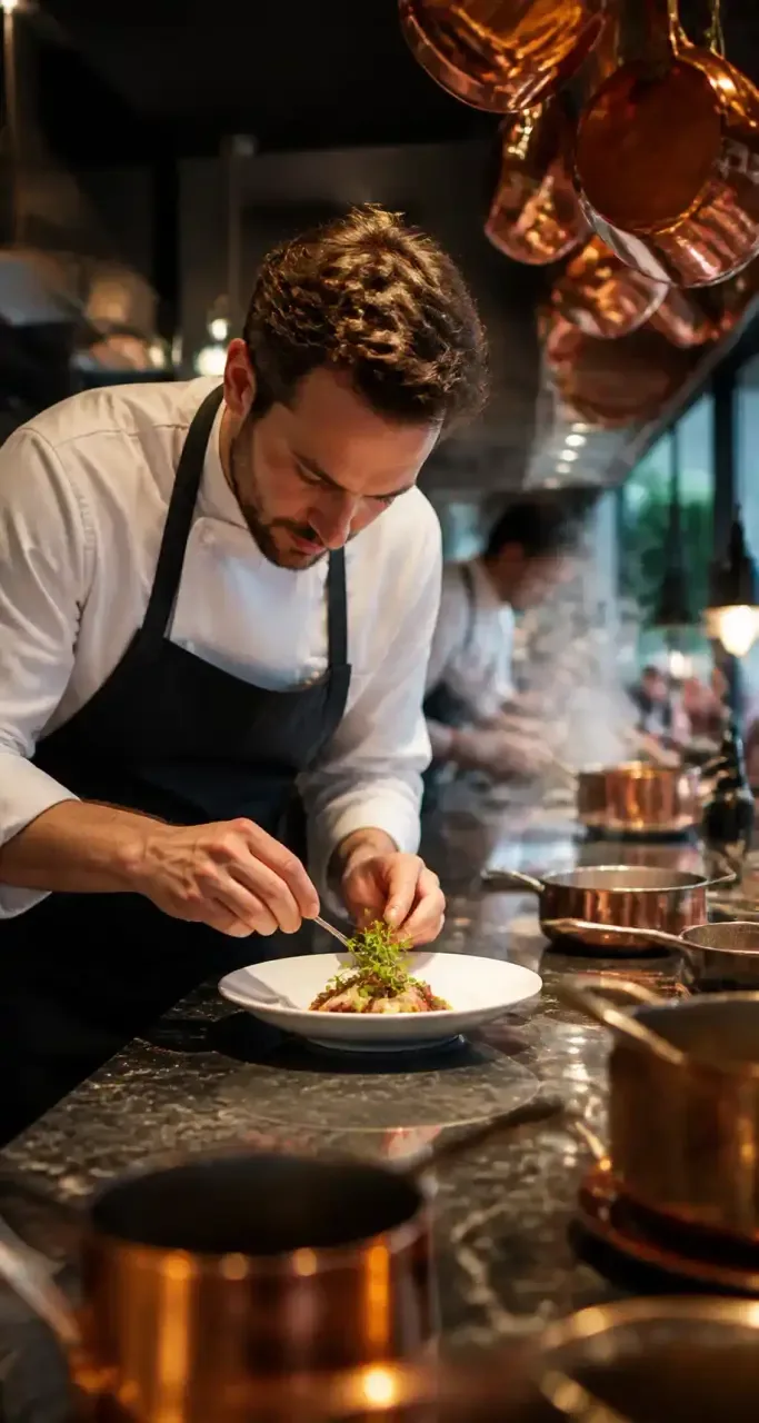 Chef en cuisine professionnelle dressant une assiette gastronomique