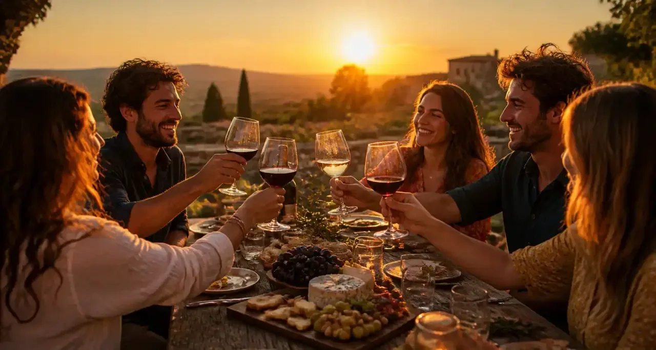 Degustation de vins et de fromages entre amis sur une terrasse au coucher du soleil