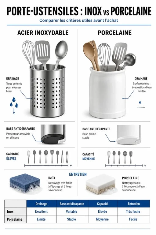 Comparatif de porte ustensiles cuisine en acier inoxydable et en porcelaine avec critères de drainage, stabilité et entretien