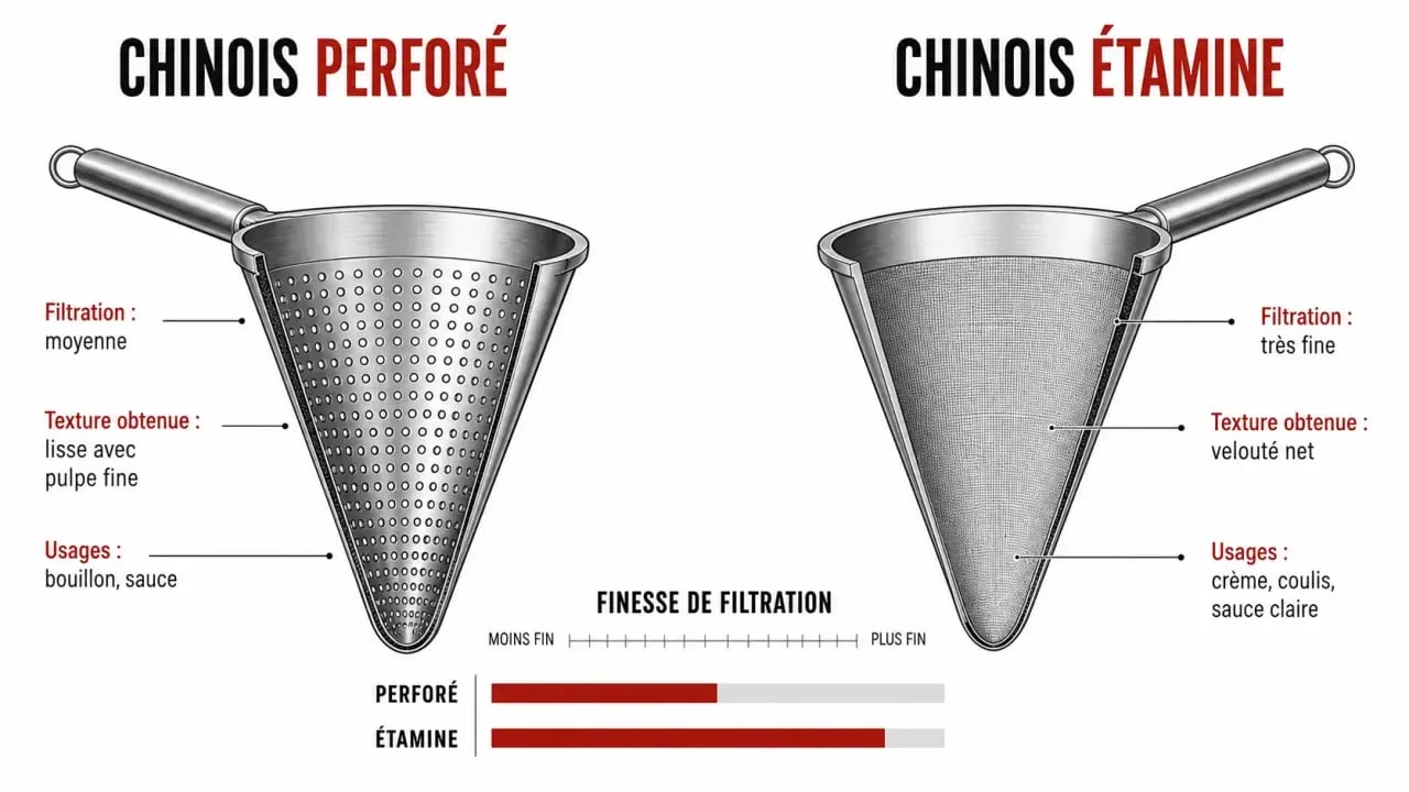 Ustensiles chinois cuisine : comparaison visuelle entre chinois perforé et chinois étamine