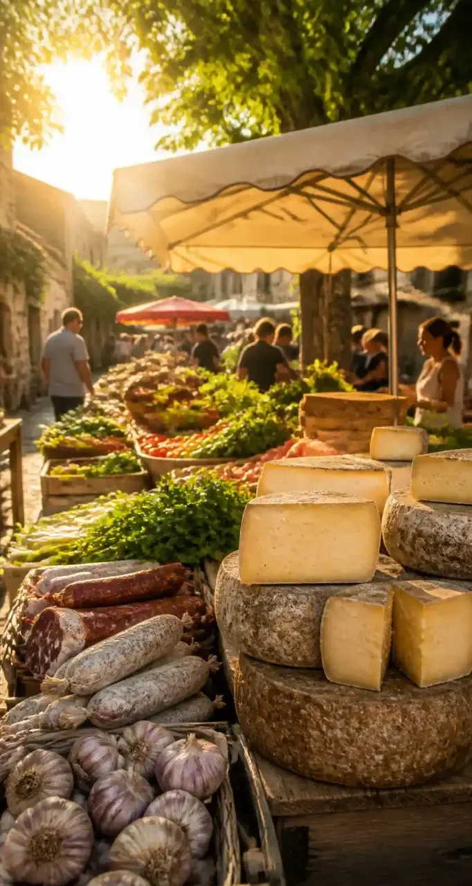 Etal de marche provencal avec fromages et charcuterie de terroir