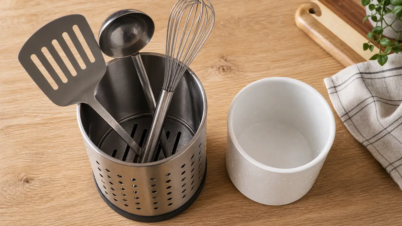 Porte ustensiles cuisine inox avec fentes de drainage et base antidérapante
