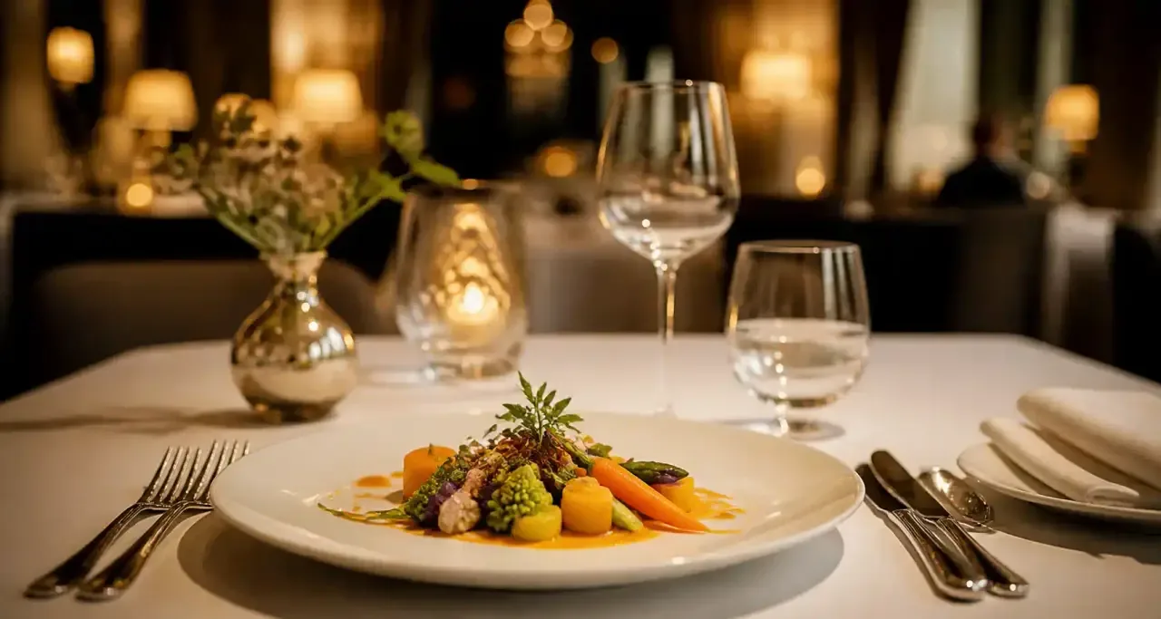 Table gastronomique elegante dressee dans un restaurant, art de la table