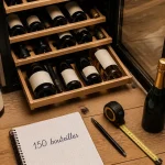 cave à vin 150 bouteilles : clayettes visibles, bouteilles rangées