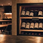 Cave à vin murale vitrée avec bouteilles derrière verre fumé
