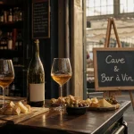 Cave & bar à vin des argonautes à Marseille, verres et bouteille sur comptoir bois