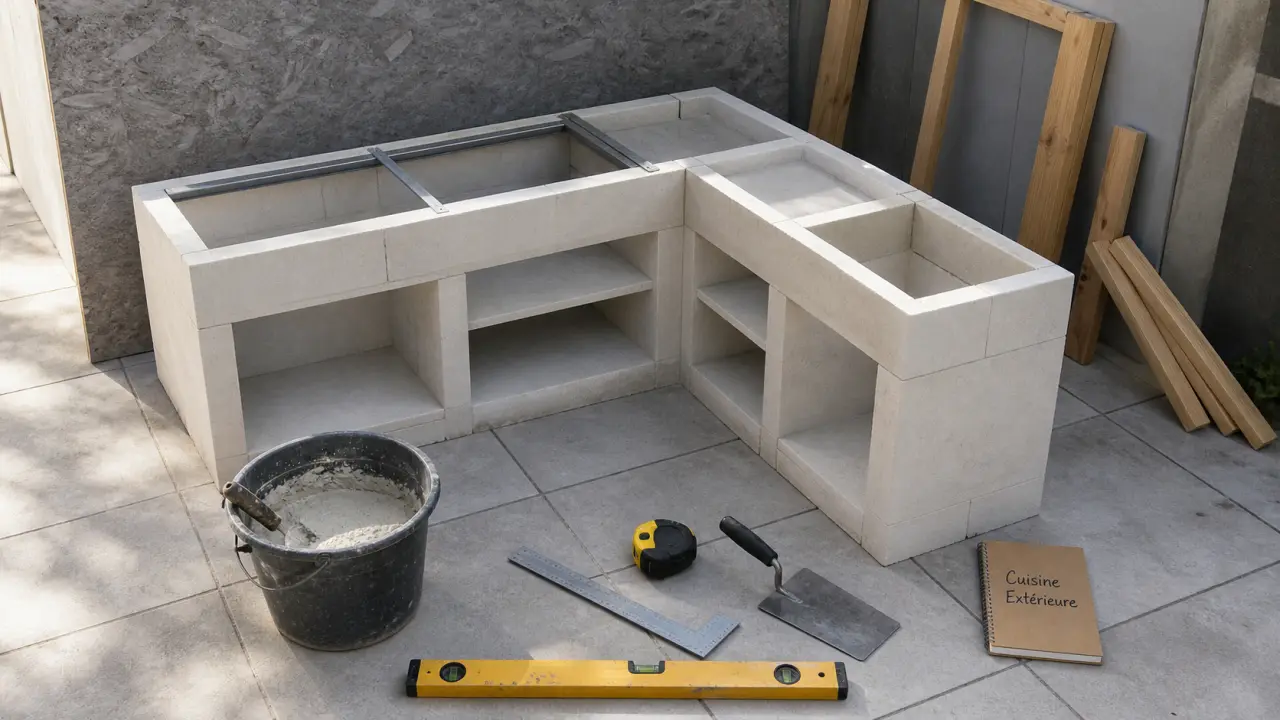 Cuisine d'extérieur fait maison en béton cellulaire avec plan de travail 85 cm et finitions hydrofuges