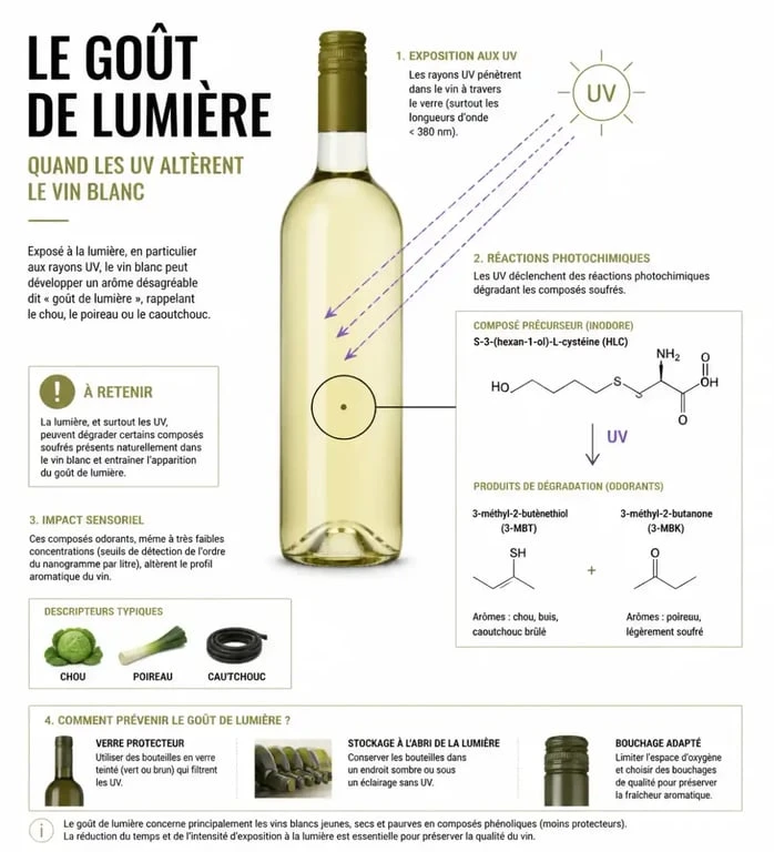 Schéma explicatif du goût de lumière et de l'impact des UV sur l'éclairage cave à vin