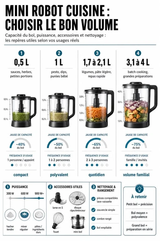 Comparatif mini robot cuisine selon la capacité, la puissance et les usages