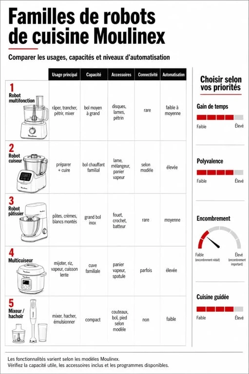 Robot cuisine Moulinex : infographie comparative des familles de robots, usages, capacité, accessoires et connectivité