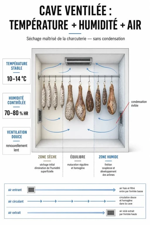 Cave à vin ventilé pour charcuterie : rôle de la ventilation, de l’humidité et de la température