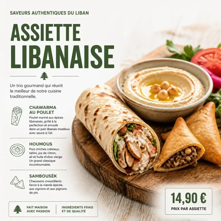 Plat varié de street food libanaise avec galette chawarma et mezzes