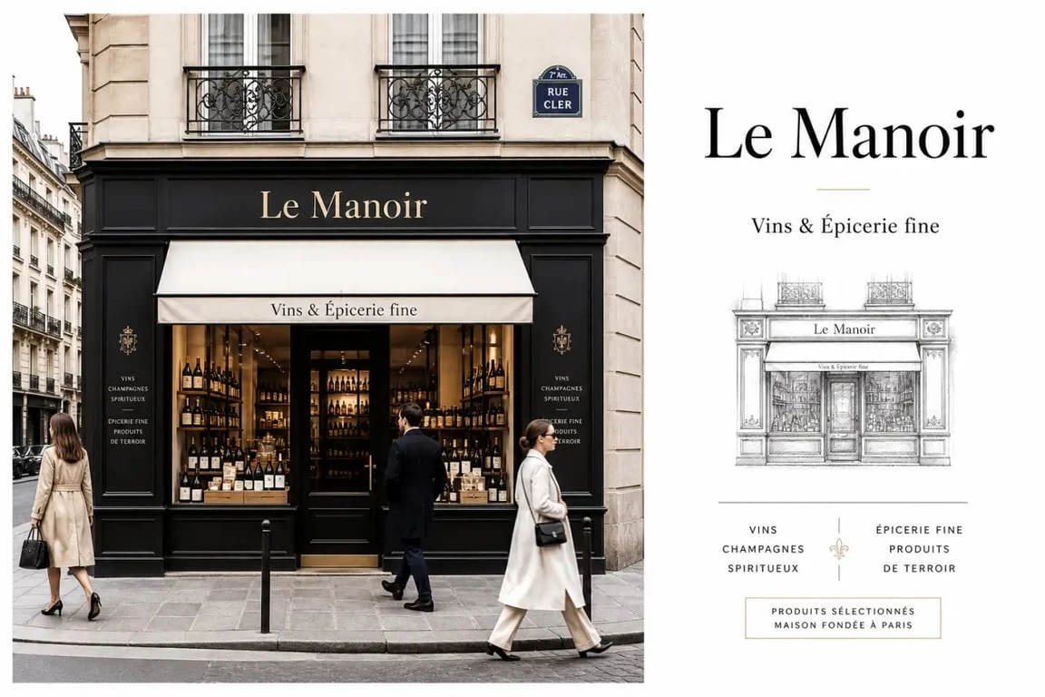 Façade de le manoir vins et épicerie fine à Paris
