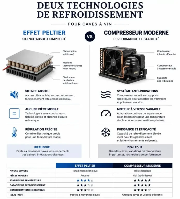 Comparaison technique entre technologie thermoélectrique et compresseur pour une cave à vin silencieuse