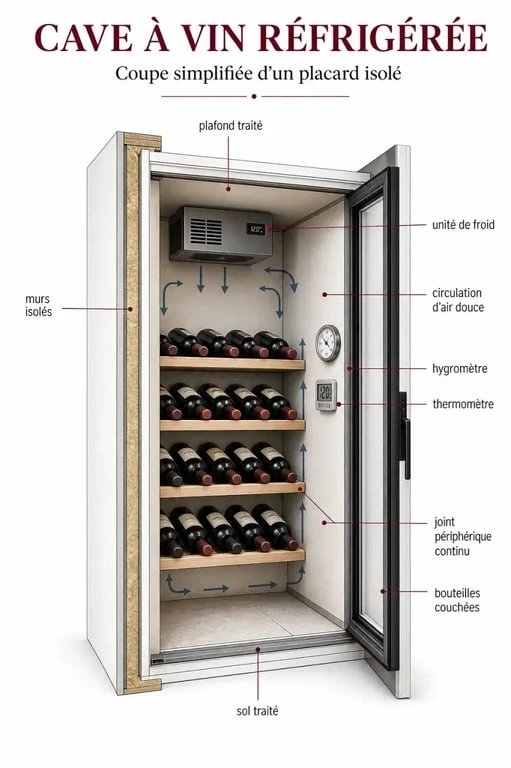 Fabriquer une cave à vin réfrigérée : schéma éditorial d’un cellier isolé avec porte étanche, groupe froid et circulation d’air