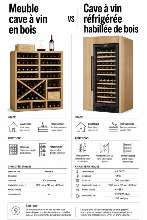 Cave à vin en bois : infographie comparative entre meuble de rangement et cave réfrigérée, avec capacités, températures et dimensions