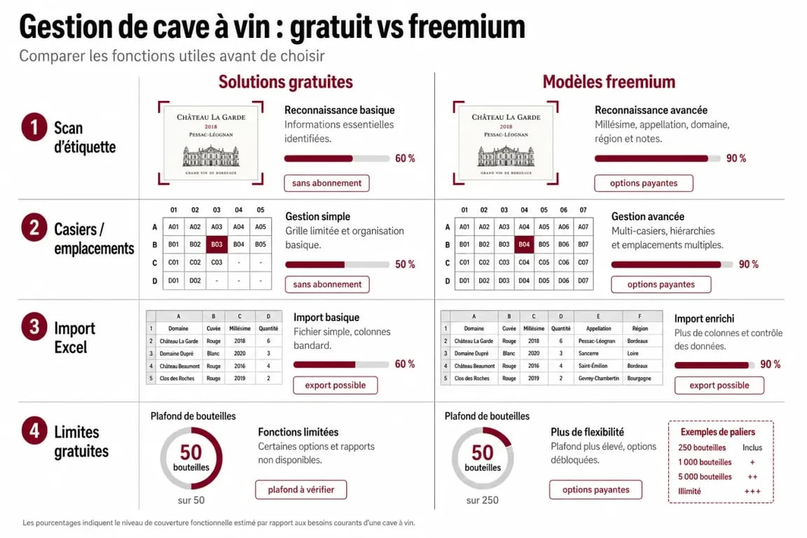 Logiciel gratuit gestion cave à vin : comparaison visuelle des fonctions gratuites, scan, casiers et limites freemium