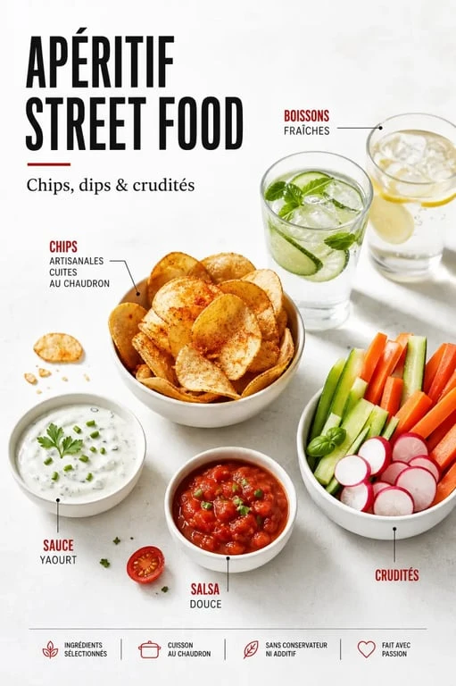 Vico Street Food : chips servies à l apéritif avec dips et accompagnements