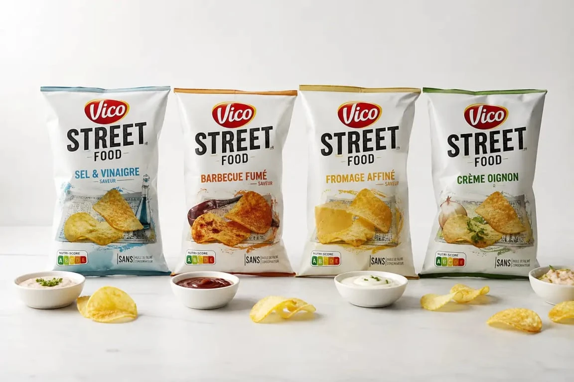 Vico Street Food : sachets de chips aromatisées alignés pour comparer les saveurs