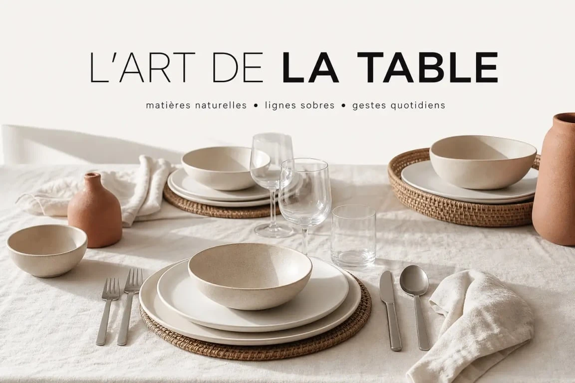 Art table : table élégante dressée avec porcelaine, grès, lin lavé et verrerie