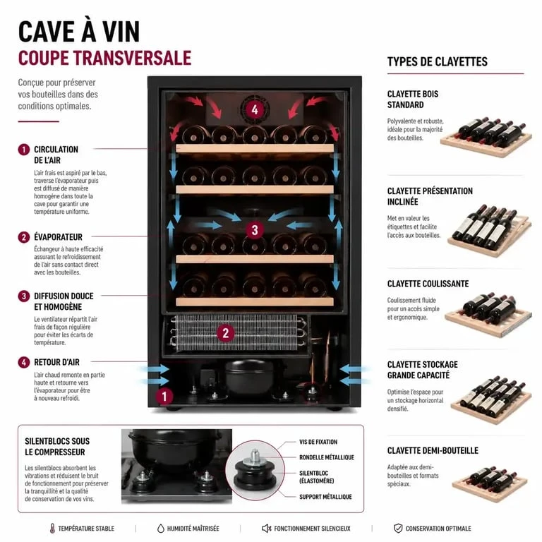 Schéma technique des composants d'une cave à vin 150 bouteilles pour une conservation optimale