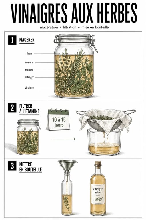 Réaliser ses vinaigres maison aux herbes aromatiques du jardin : étapes de macération, filtration et mise en bouteille