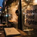 Street food fighter Paris : panneau « Street Food Fighters » sur vitrine vitrée