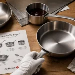 Ustensiles de cuisine de buyer en inox : poêle, sauteuse et accessoires sur table