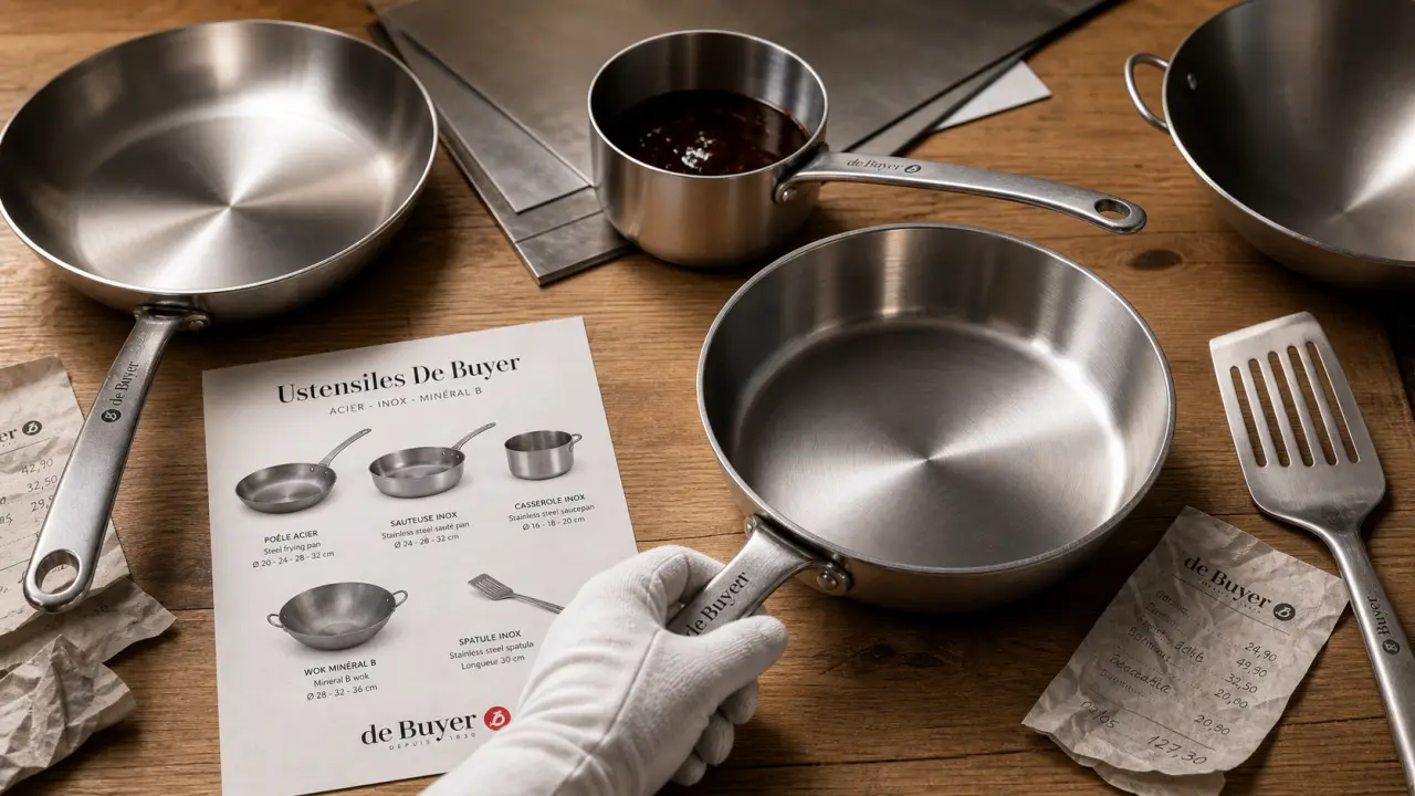 Ustensiles de cuisine de buyer en inox : poêle, sauteuse et accessoires sur table