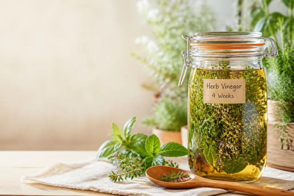 Vinaigres maison aux herbes du jardin : choisir la base, doser les aromates et réussir 4 semaines de macération