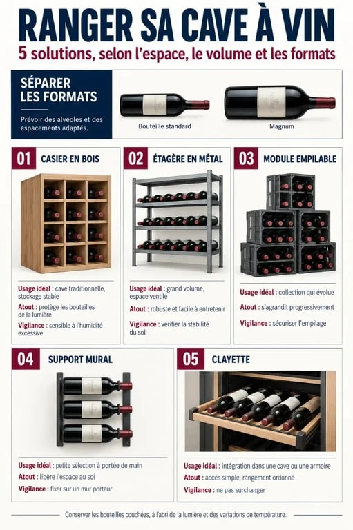 Infographie sur les solutions de rangement cave à vin et les formats de bouteilles