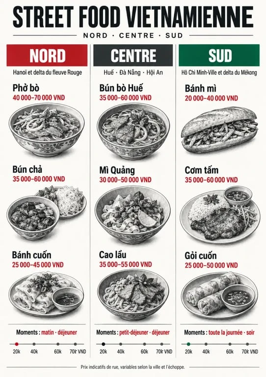 Infographie sur la food street Vietnam par région, plats et prix
