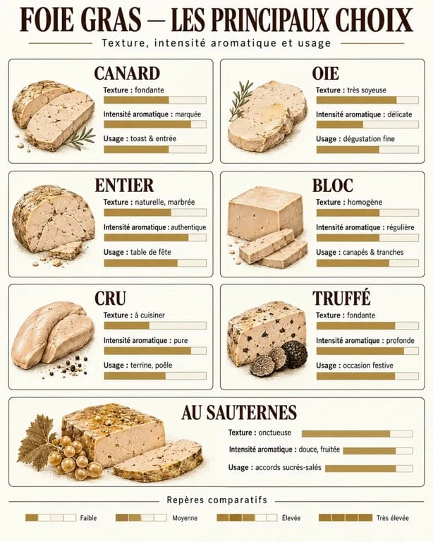 Infographie pour choisir du foie gras en épicerie fine à Paris selon le type et l’usage