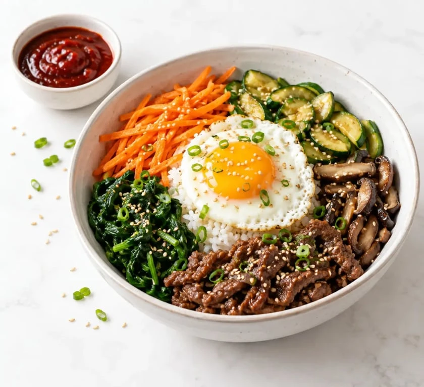 Cuisine coréenne recettes : bibimbap maison aux légumes, œuf et sauce gochujang