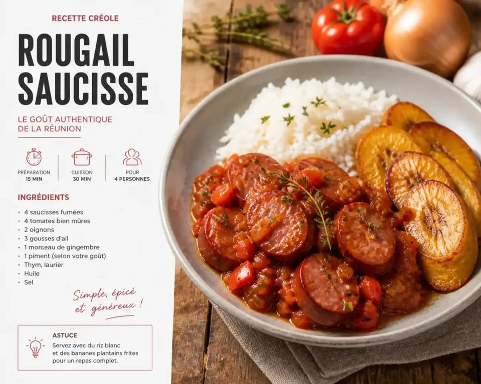 Plat de rougail saucisse créole street food, une spécialité antillaise authentique