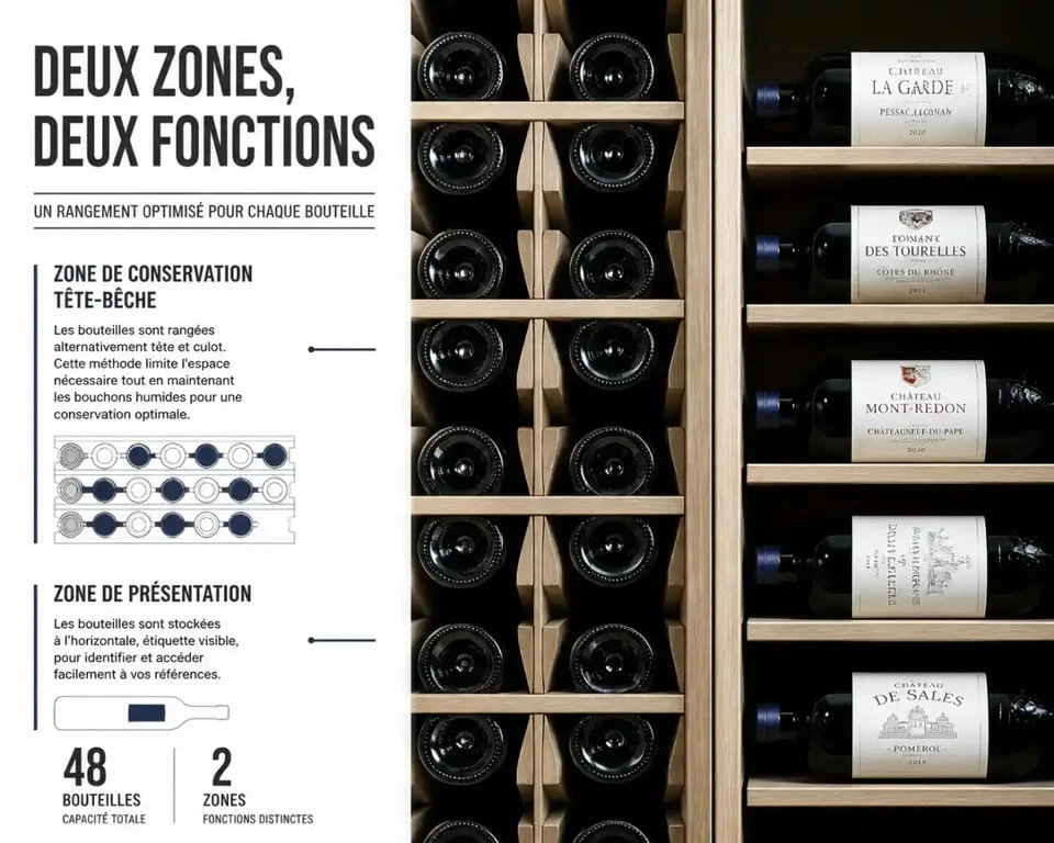 Rangement tête-bêche de bouteilles dans un mobilier cave à vin