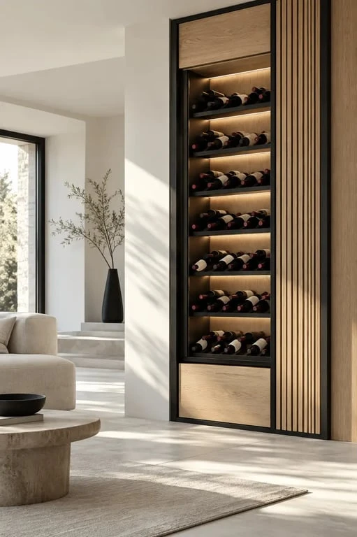 Mobilier cave à vin en bois et métal intégré dans un salon contemporain