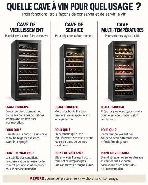 Infographie comparative des types de ma cave à vin pour vieillissement, service et multi-températures