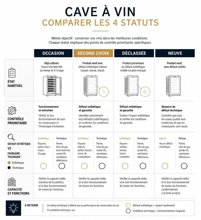 Infographie sur les différences entre cave à vin occasion, second choix, déclassée et neuve