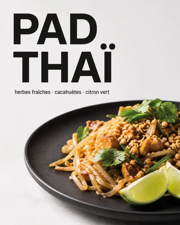 Koboon street food thai raffinée nancy : pad thaï signature dressé dans une assiette sombre