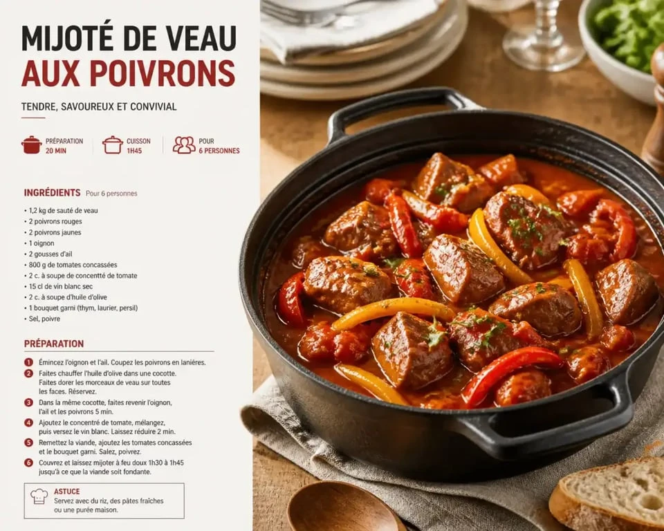 Mijoté de veau aux poivrons, recette cuisine a à z pour un repas en famille