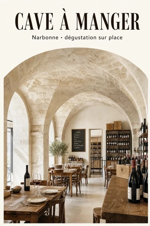 Ambiance de la cave à manger & cave à vin maison saint crescent à Narbonne, sous voûte en pierre et tables conviviales