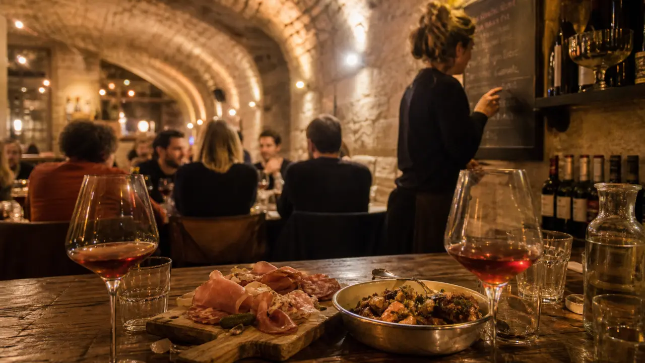 Narbonne cave à manger & cave à vin Maison Saint Crescent : planche bistrot et verres de vin sous voûte en pierre