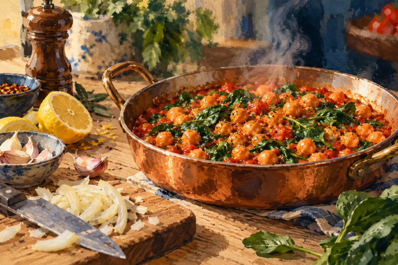 Cuisine méditerranéenne : pois chiches mijotés à la tomate et aux épinards