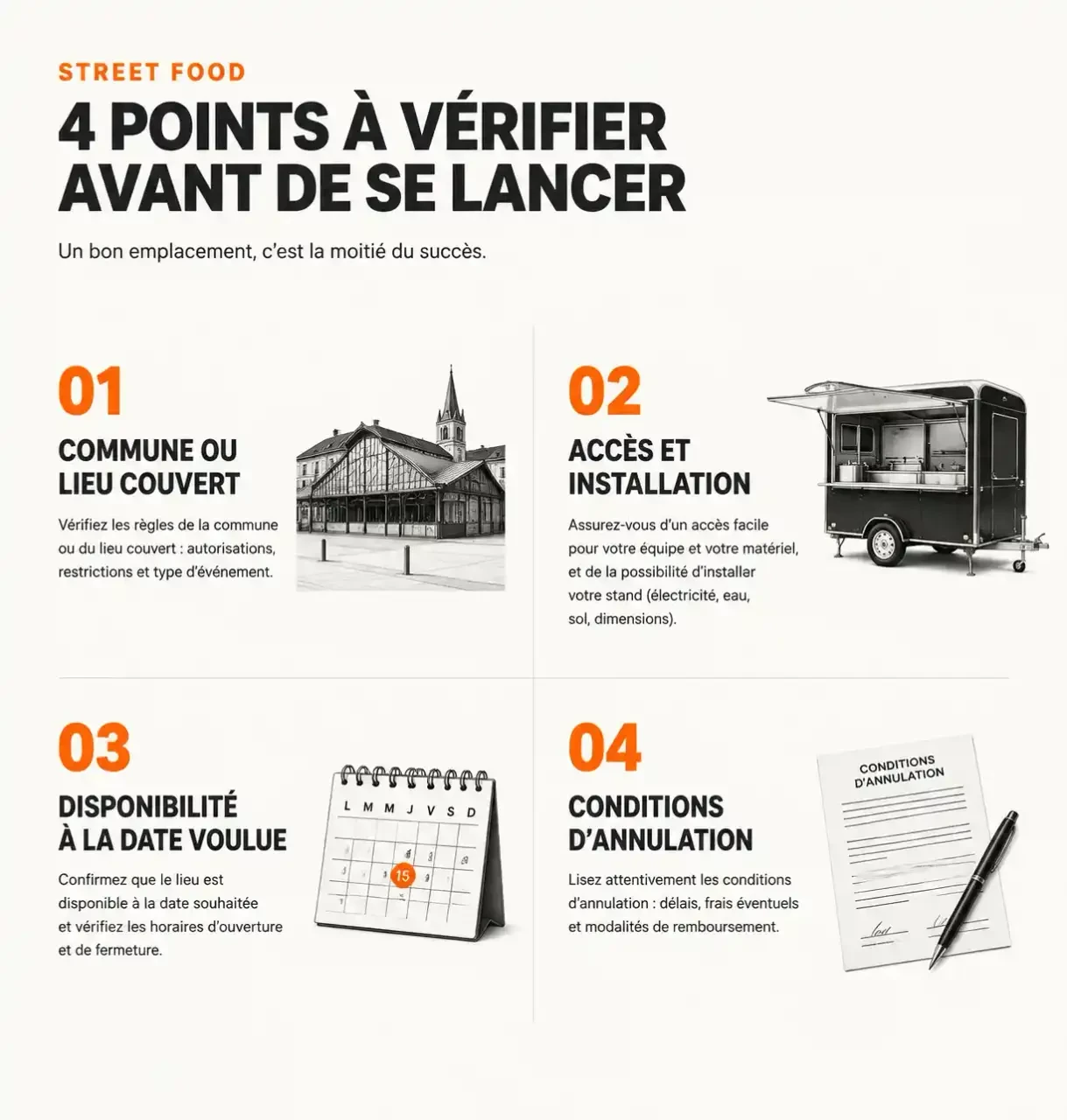 Points à vérifier avant de réserver l'atelier street food : zone couverte, accès, disponibilité et conditions d'annulation