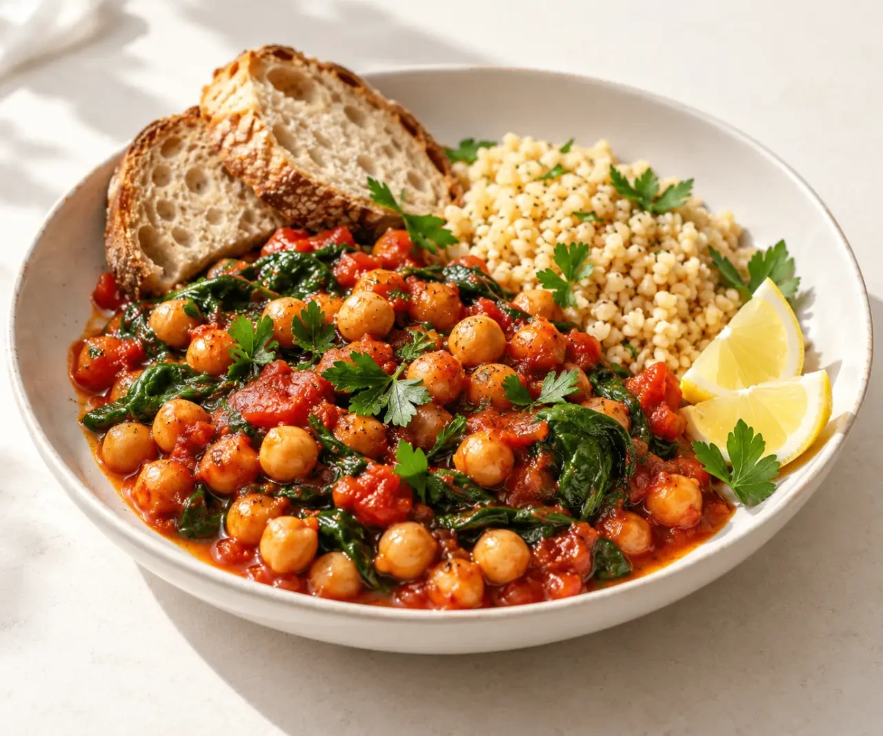 Cuisine méditerranéenne : pois chiches mijotés à la tomate et aux épinards