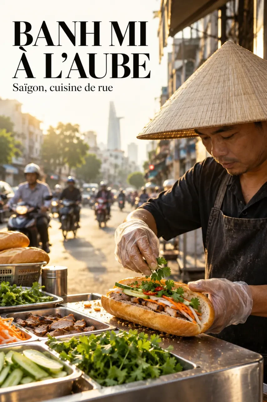 Vietnamese street food Saigon avec vendeur préparant un banh mi dans une rue animée