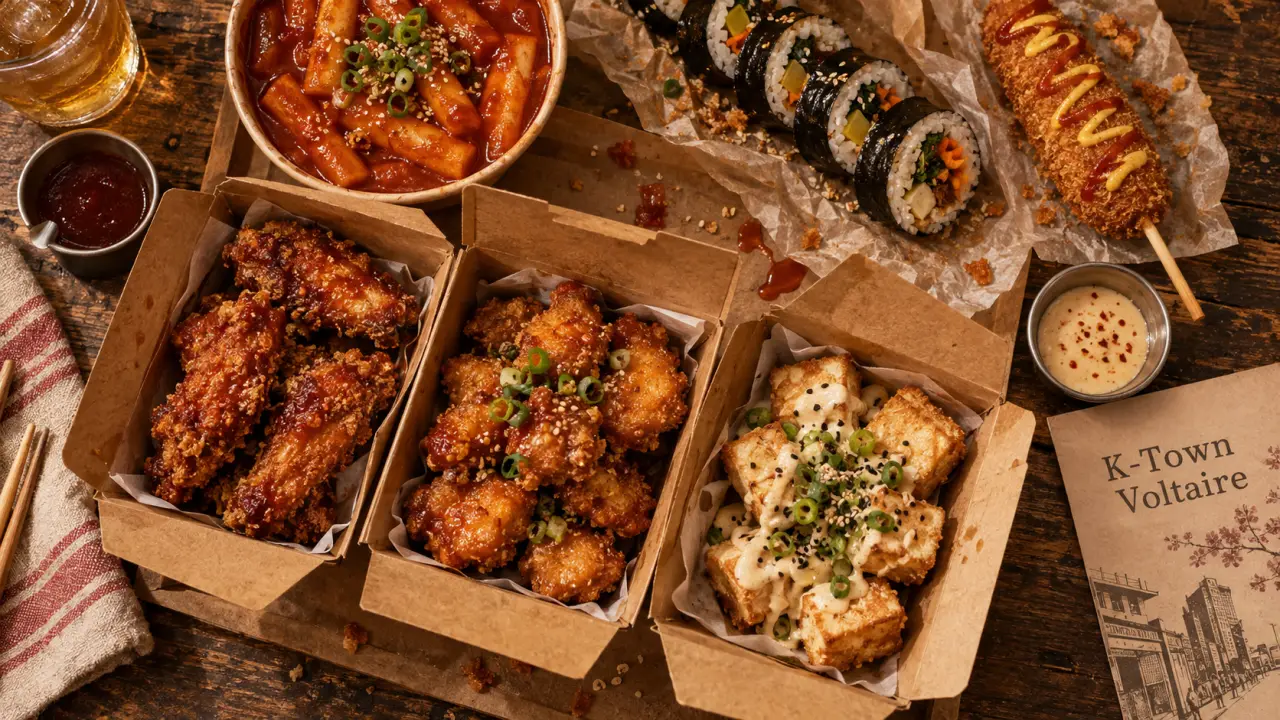 k-town street food voltaire : wings, tofu frit, tteokbokki gochujang